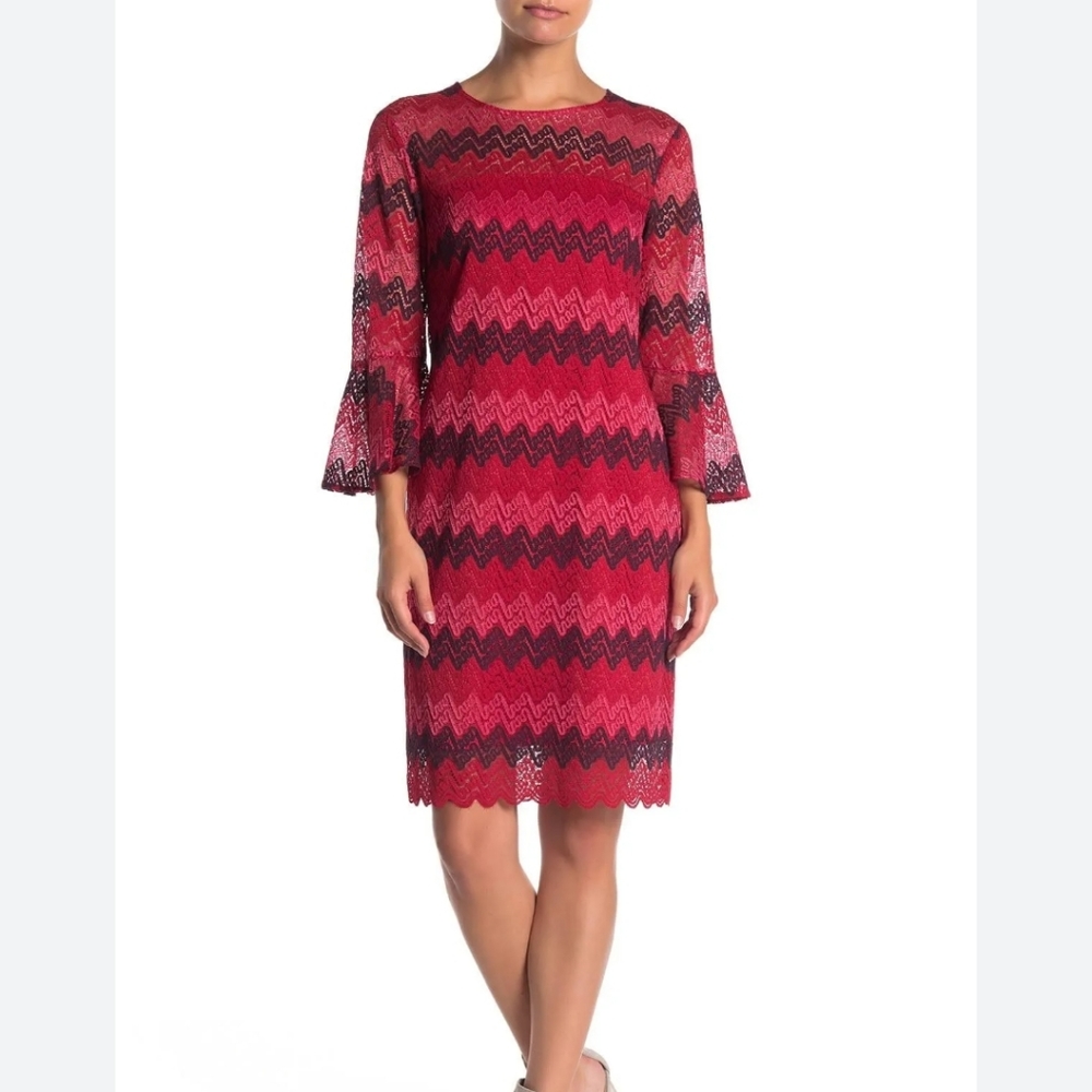 NEW Trina Turk Lipstick Lovely Lace Bell Sleeve Zip Back Red Zig Zag Dress 10